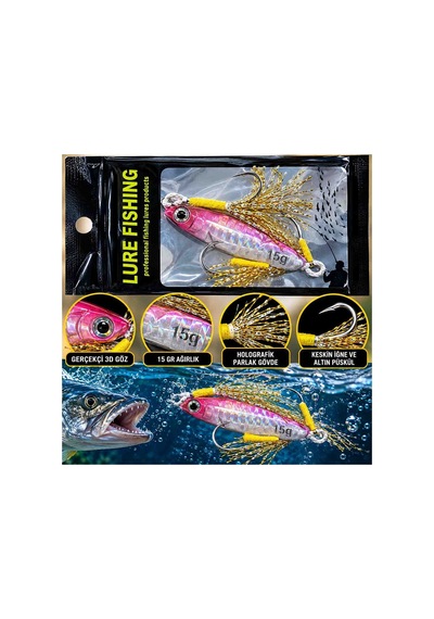 15 Gr Holografik Metal Jig Pembe Gümüş Renkli 3d Gözlü Altın Püsküllü Çift Iğneli Olta Maket