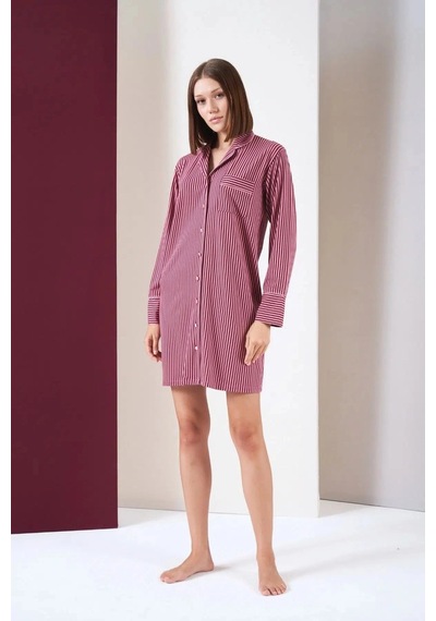 Ang Butik Kadın Pjs 26010 Önden Düğmeli Çizgili Gecelik Pembe