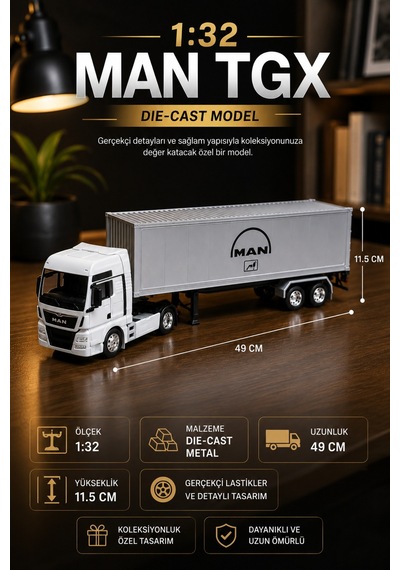 Man Tgx 1:32 Ölçek Die-cast Metal Dorseli Tır 49 Cm Büyük Boy Maket