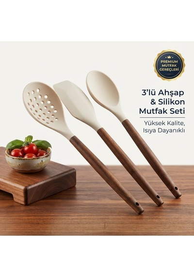 Akasya Saplı 3'lü Silikon Mutfak Gereçleri Seti Premium Gıda Sınıfı Silikon Kaşık, Spatula Ve Kevgir Isıya