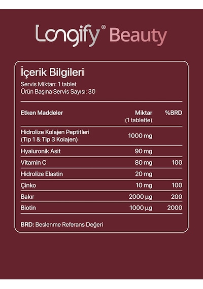 Longify Beauty Hidrolize Kolajen Tip 1 Ve Tip 3, Hidrolize Elastin, Hyaluronik Asit, Biotin, Vitamin C, Çinko, Bakır Takviye Edici Gıda 30 Tablet