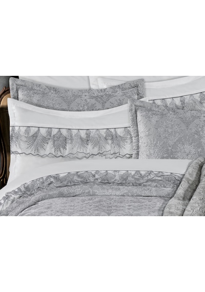 Goldroom Home Buket 11 Parça Nakışlı Nevresim Takımlı,kadife Yatak Örtüsü Ve Battaniyeli Çeyiz Seti Gri