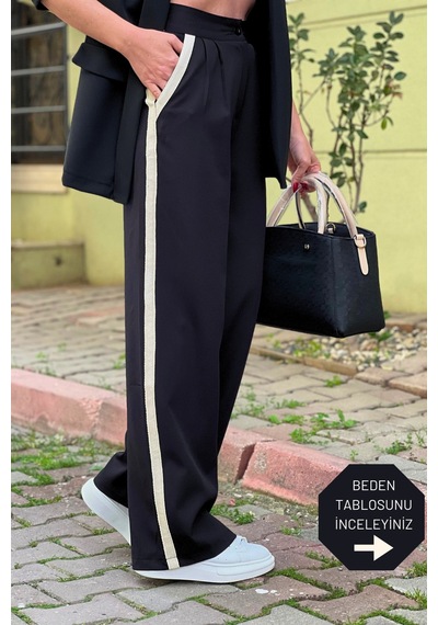 Trend Alisse Kadın Siyah Yanı Şeritli Bol Paça Pileli Palazzo Kumaş Pantolon