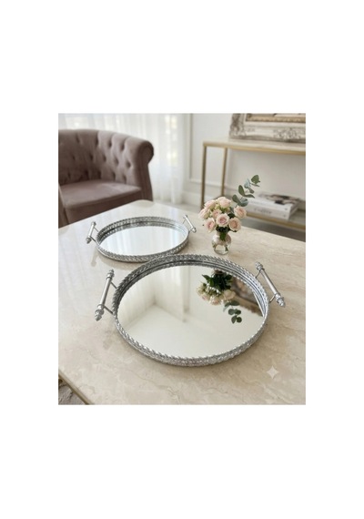 Vintage Dekoratif Jardinyer Aynalı Günüş Yuvarlak 2 Li Tepsi Gümüş