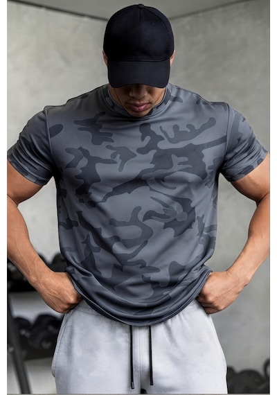 Serablanka Erkek Nem Emici Hızlı Kuruma Atletik Teknik Kamuflaj Desenli Spor T-shirt Füme