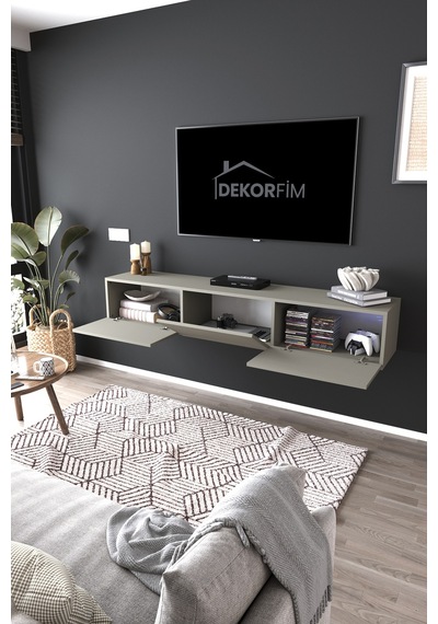 Df17103 3 Dolaplı Duvara Monte Tv Ünitesi 180 Cm Modern Askılı Dekoratif, Şık Stilde Tv Sehpası Gri