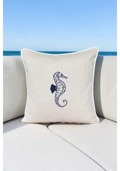 Kırlent Kılıfı 45x45 3'lü Set Marin Nakışlı Deniz Atı Desen Su İtici Outdoor Keten Tekne Bahçe Krem