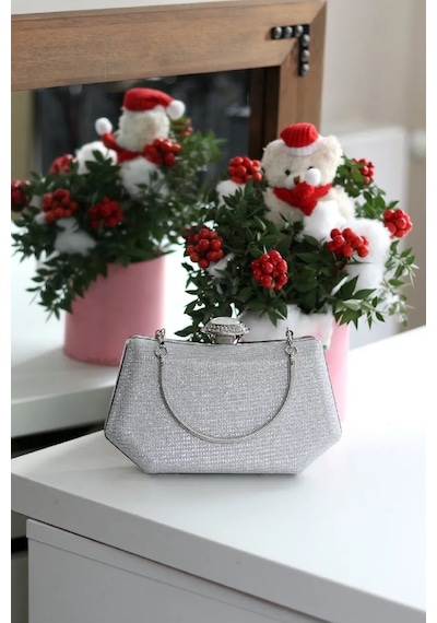 Guiza Vintage Kadın Gümüş Simli Abiye Clutch Portföy Çanta Zincir Ve Kolçaklı Gümüş Simli