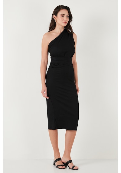 Lela Desenli Slim Fit Midi Boy Tek Omuzlu Bayan Elbise 5866202 Siyah