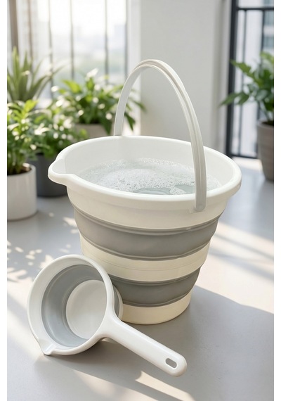 Katlanır Silikon Kova Ve Maşrapa Seti 12 Litre Yer Kaplamayan Kamp Banyo Ev Bahçe Kovası Açık Gri