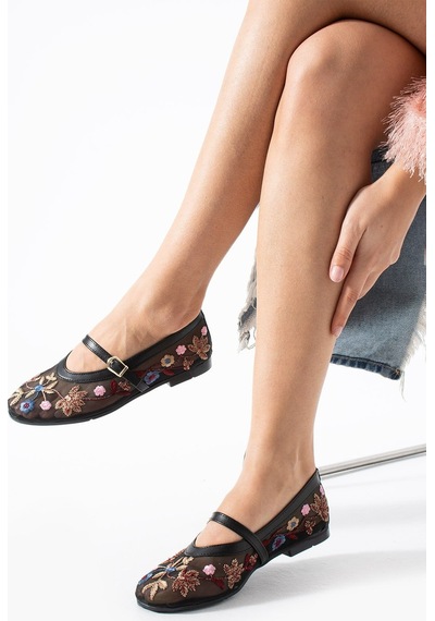 Dabab Shoes Begonıa Kadın Siyah Çiçek Nakışlı Transparan Babet Ayarlanabilir Bantlı Tokalı Düz Taban Ayakkabı