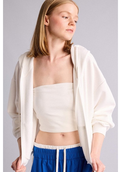 Defacto Cropped Fit Kapüşonlu Kalın Fermuarlı Sweatshirt Z7069az26auwt32 Beyaz-wt32