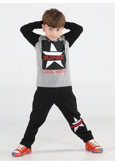 Casabony Super Star Erkek Çocuk Jogger + T-Shirt Takım-Siyah-Gri Siyah - Gri