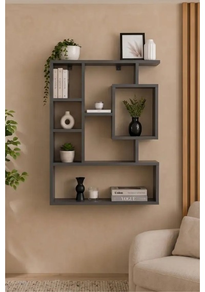 Reyo Enda Home Bigane Büyük Dekoratif Duvar Rafı 70,9 93,6 Cm, Asimetrik Çok Bölmeli Duvara Monte Raf - Antrasit
