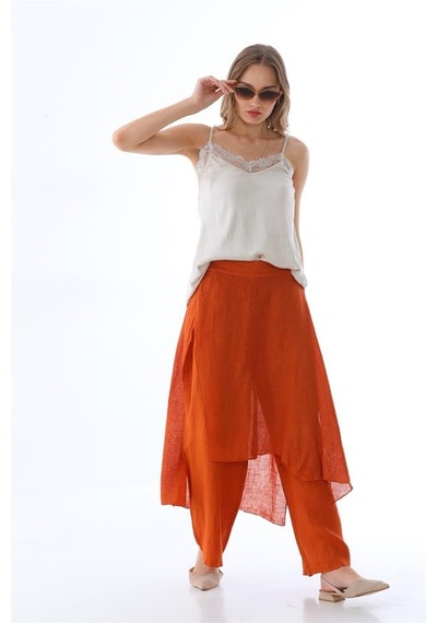 Bohem Stil İtalyan Ham Keten Pantolon Etek-8747 Kiremit