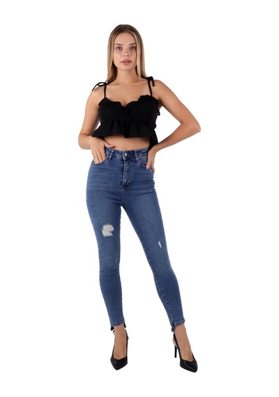 Alemdarshop Mavi Renk Dar Paça Eskitme Detaylı Yüksek Bel Jeans - Mavi