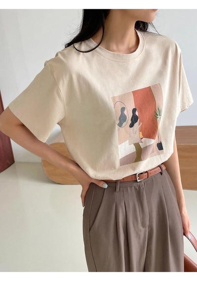 Kadın Bej Kadın Figür Baskılı Oversize Bisiklet Yaka T-shirt 001