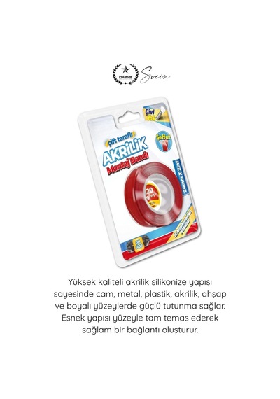 Çifttaraflıbant 120 Kg Taşıma Kapasiteli Şeffaf Çift Taraflı Akrilik Montaj Bandı 24mm X 2 Metre Gü