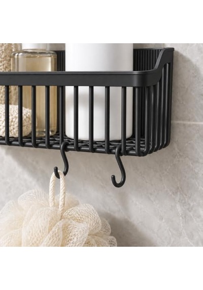 Orret Home 2'li Yapışkanlı Banyo Duş Rafı Organizer, Askılı Plastik Raf Sepet, Delme Gerektirmeyen Duvara Monte, Hava Alan Su Tahliyeli Taban, 26x9x10 Cm, Siyah Açık Ceviz
