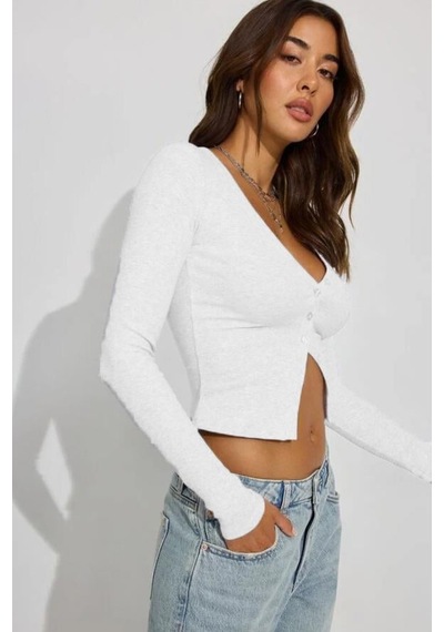 Seeh Beyaz V Yaka Önü Düğmeli Kadın Body Sh219