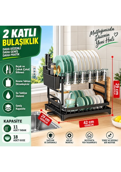 2 Katlı Tezgah Üstü Tepsili Bulaşıklık Tabaklık Kurutmalık Bardaklık Çatal Kaşık Bıçaklık Mutfak Organizeri Beyaz - Siyah