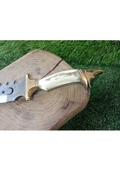 Tctknives Kurt Başlı Ay-Yıldızlı El Yapımı Av Kamp Bıçağı Kahverengi - Krem