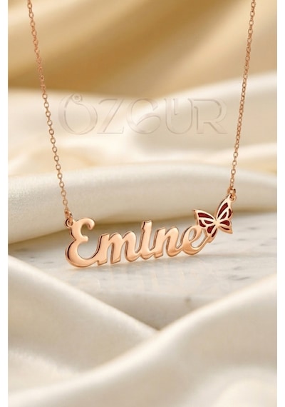925 Ayar Gümüş İsimli Kelebek Figürlü Kolye Rose Gold