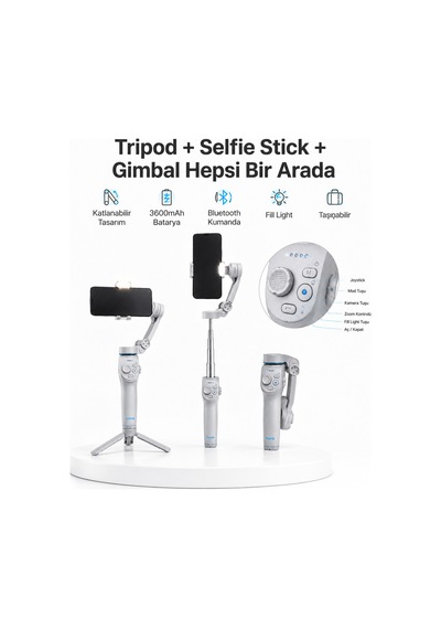 Yapay Zeka Takipli Katlanabilir 3 Eksen Telefon Gimbal Stabilizer Işıklı