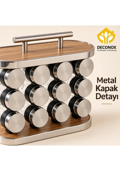 Deconox Standlı 12 Li Cam Baharatlık Seti, Metal Kapaklı Şeffaf B