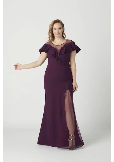Moda Berray 21923 Mürdüm Yırtmaçlı Işlemeli Şık Büyük Beden Abiye Elbise Mürdüm