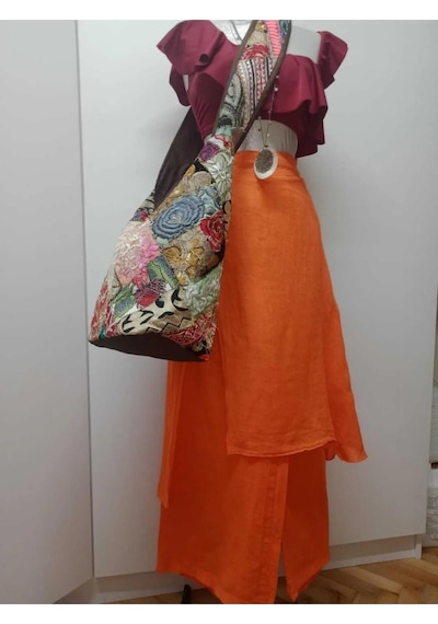 Bohem Stil İtalyan Ham Keten Pantolon Etek-8747 Oranj