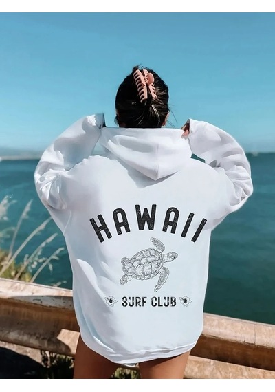 Startmore Tarzsokak Hawall Surf Club Basit Mektup Desen Baskı Bayan Hoodie Uzun Kollu Cep Tişörtü Sıcak Kazak Mod Beyaz