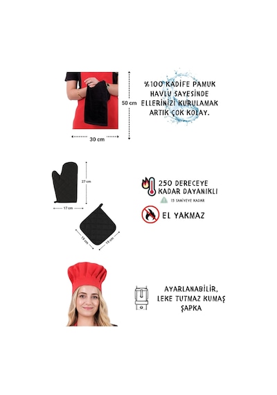 Star Ayar Askılı 5li Mutfak Önlüğü Seti Ayar Askılı Havlulu Önlük, Şapka, Eldiven, Tutacak Kırmızı-siyah-siyah