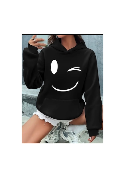 Medinenur Gülen Emojili Baskılı Kapüşonlu Sweatshirt Siyah