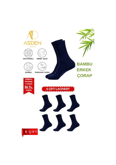 Asden Bambu Erkek Beyaz Soket Çorap 12'li Paket, Burun Dikişsiz, Yıkamalı 6 Çift Lacivert