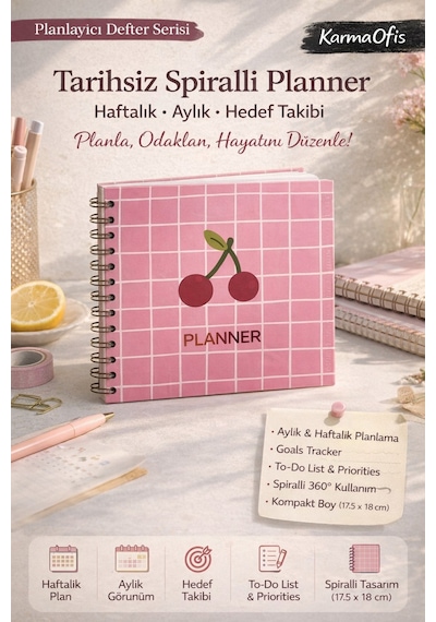 Pembe Kareli Kiraz Desenli Spiralli Tarihsiz Planner Haftalık & Aylık Planlayıcı Defter, 17.5x18 Cm Diğer
