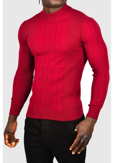 Deepsea Erkek Bordo Yarım Balıkçı Yaka Çizgili Tüylenmeyen Slim Fit Triko Kazak 2505491 Bordo