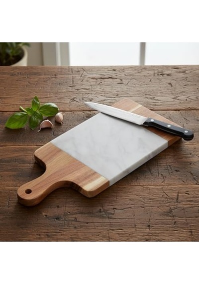 Akasya Mermer Sunumluk 33x13 Cm - Doğal Ahşap Ve Beyaz Mermer Detaylı Peynir, Şarküteri Ve Kahvaltı Sunum Tahtası