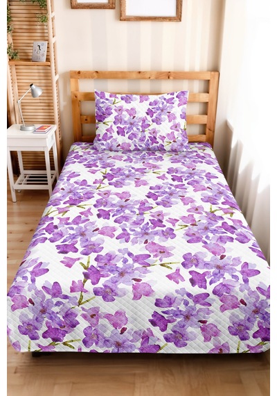 Mor Çiçekli Modern Genç Odası Tek Kişilik Pike Takımı - Lila Beyaz 160x220 Cm Kapitone Yatak Örtüsü Buharlı Nehir Anısı