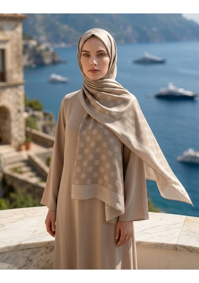 Moda Nuda Çift Taraflı Logo Desen Şal Bej