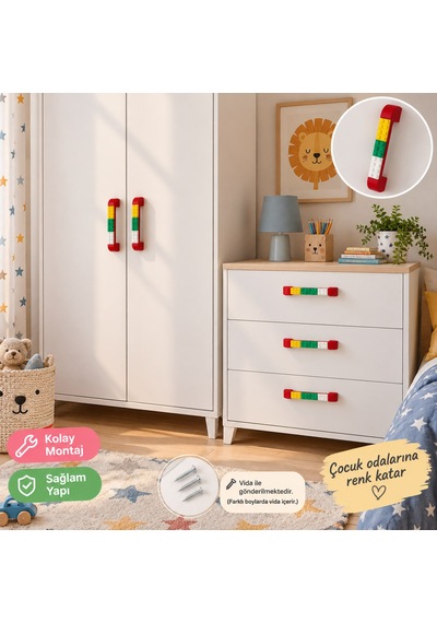 Renkli Blok Kulp Erkek Çocuk Mobilyası Odası Kulpu Tek Adet Fiyatı Vida İle Gönderilir 128 Mm Kırmızı