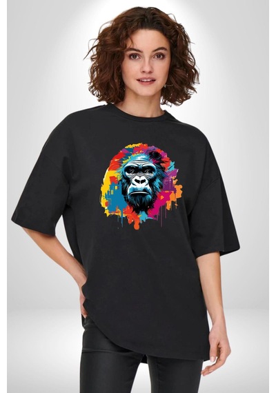 Renkli Maymun Goril Pamuklu Bisiklet Yaka Unisex Oversize Boyfriend Dijital Baskılı Siyah T-shirt Siyah