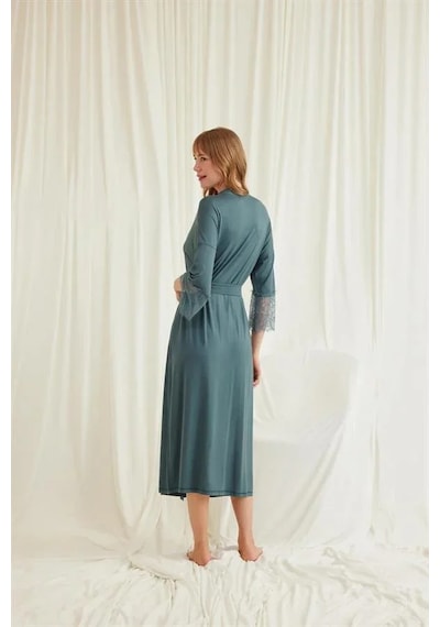 Ang Butik Kadın Dantelli Ve Kuşaklı Sabahlık Takımı Yeşil
