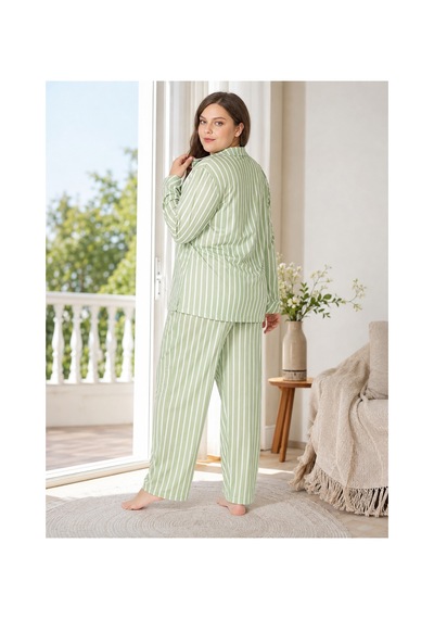 Alperi Büyük Beden Kadın Boydan Düğmeli Çizgili Mevsimlik Pijama Takım B790-45 YESIL