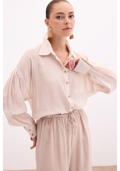 Sateen Düğme Aksesuarlı İnce Gömlek - Taş-136087 Taş