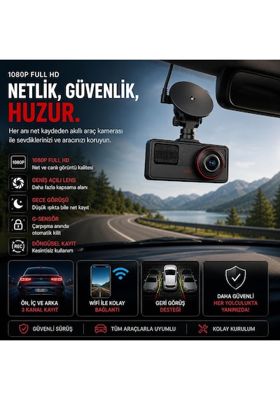 Araç İci Kamera Wifi 3 Kameralı Full Hd 1080p 30fps Dash Cam Arka Kamera, Park Modu, Geniş Açılı Gece Görüşlü