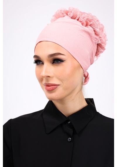 Loggia Fırfırlı Dikişsiz Penye Bone Pembe - Kadın Tesettür Bağlamalı Topuz İç Bone Pudra Pembe