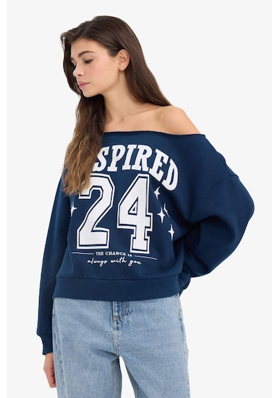 Defacto Oversize Geniş Kalıp Açık Omuz Baskılı Kalın Sweatshirt G7182ax25cwnv1 Lacivert-nv1