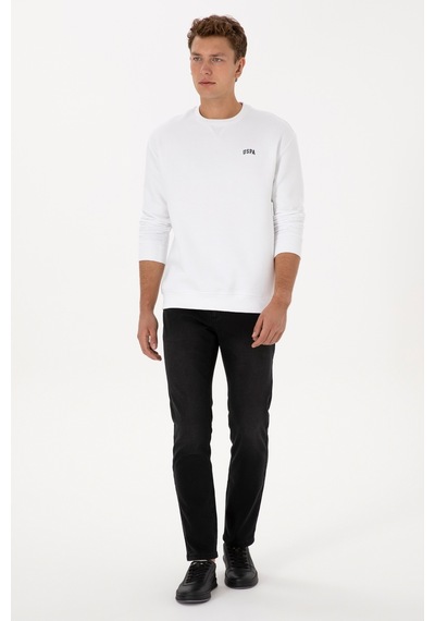 U.S. Polo Assn. Erkek Comfort Fit Bisiklet Yaka Şardonlu Beyaz Basic Sweatshirt 50313757-VR013