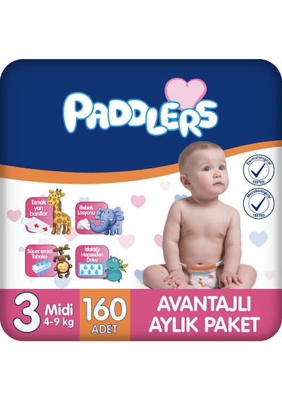 Bebek Bezi 3 Numara Midi (4-9 Kg) 160 Adet – Aylık Paket, Hassas Ciltlere Uygun